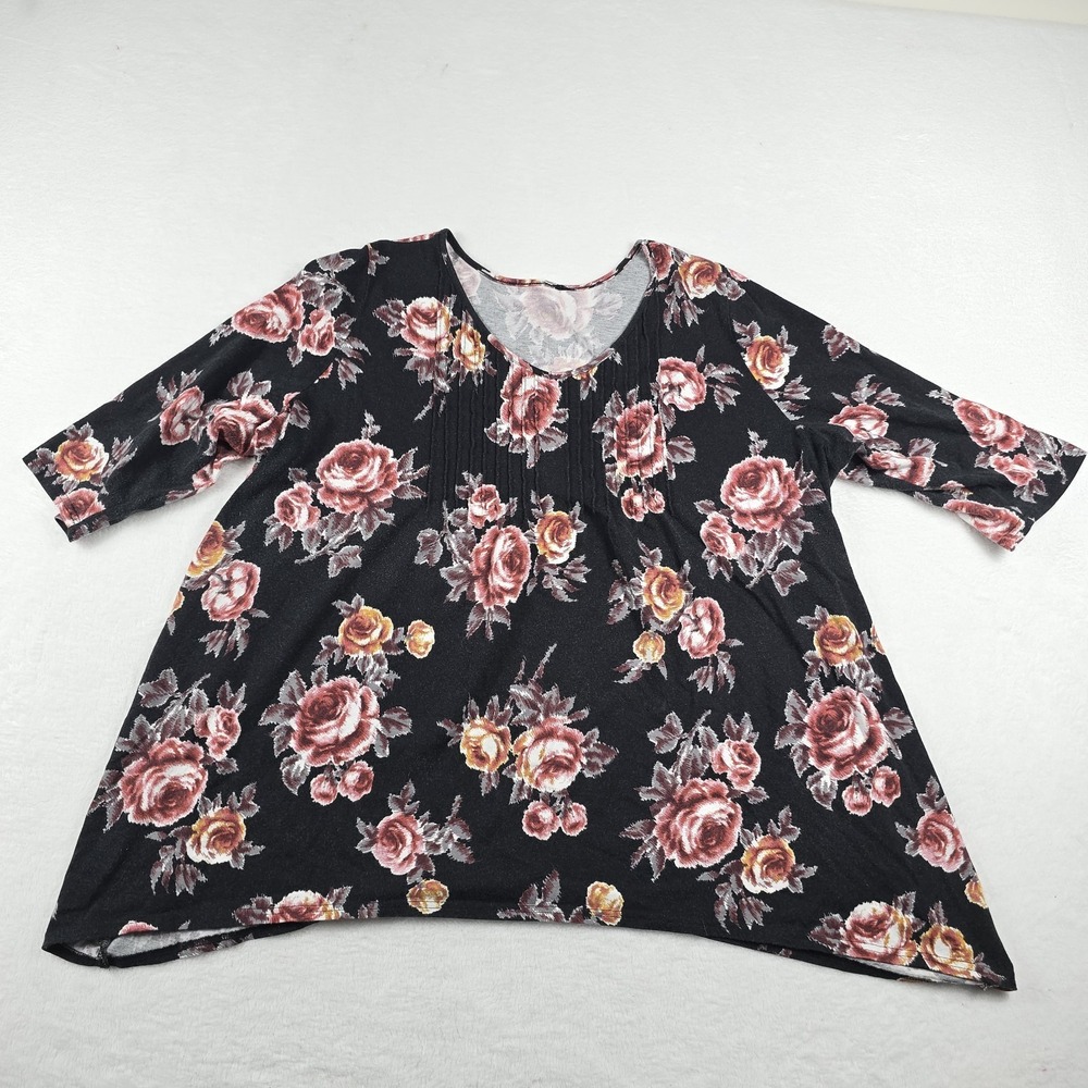 Woman Within Black Floral Tunic Size 22/24 1X Top Raglan Sleeve Pintuck Hem